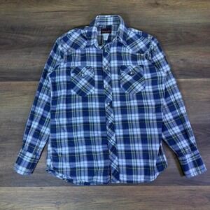 Wrangler Western Plaid Flannel Shirt Men's Medium Blue Gray Yellow
